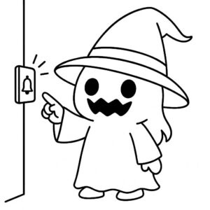 Coloring page of a witch, spooky monster ringing a doorbell