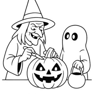 Coloring page of a witch, trick-or-treater carving a jack-o-lantern