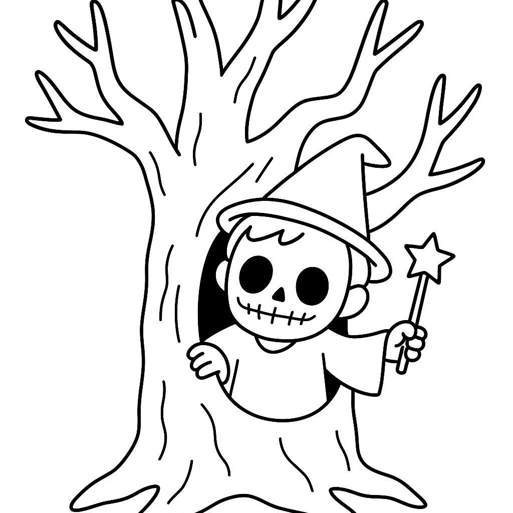 Coloring page of a zombie child, magical sorcerer hiding in a spooky tree