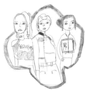 kpop demon hunter – Huntrix (Rumi, Mira, Zoey) – coloring page by Inès