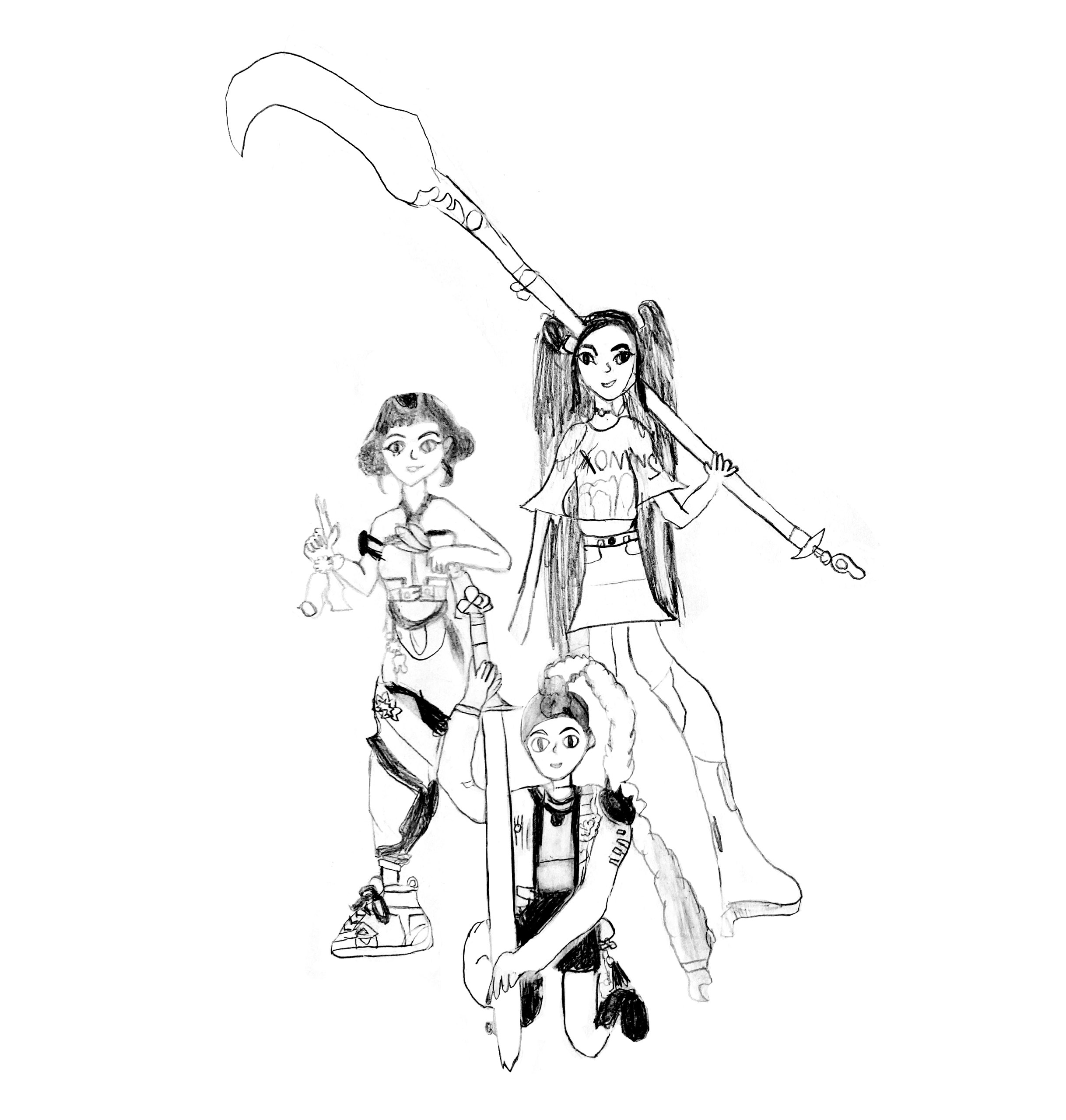 kpop demon hunter - Rumi, Mira, Zoey - Huntrix band - coloring page by Inès