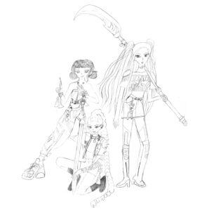 kpop demon hunter – Huntrix (Rumi, Mira, Zoey) – coloring page by Nina