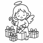 Page à colorier d&rsquo;un ange, assistant de vacances ouvrant des cadeaux