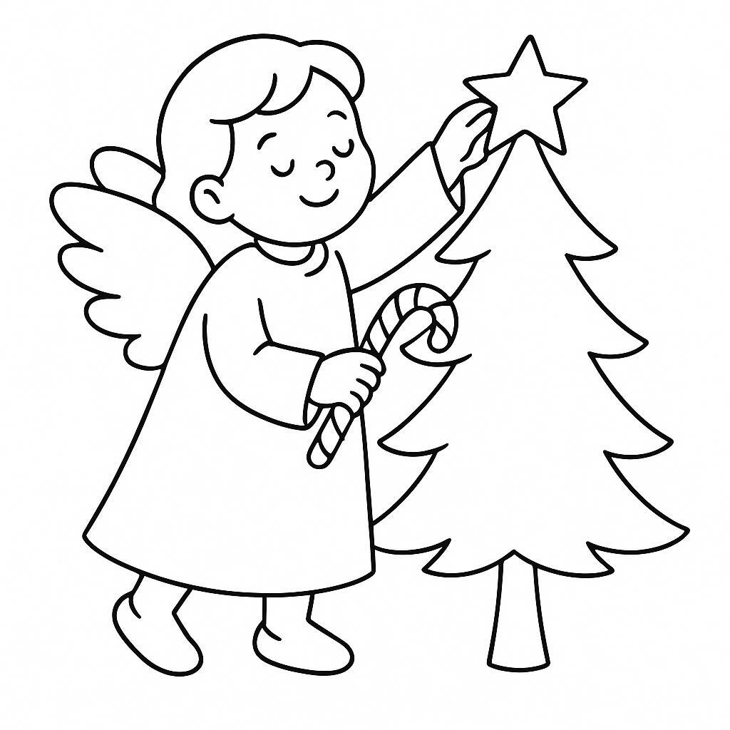 Coloring page of a angel, sleigh rider decorating a tree