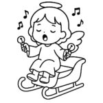 Page à colorier d&rsquo;un ange, cavalier de traîneau chantant des chants de Noël