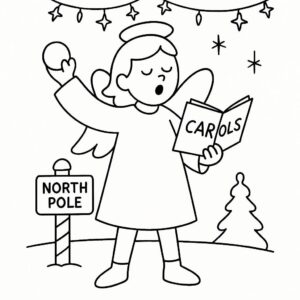 Coloring page of a angel, snowball thrower singing carols