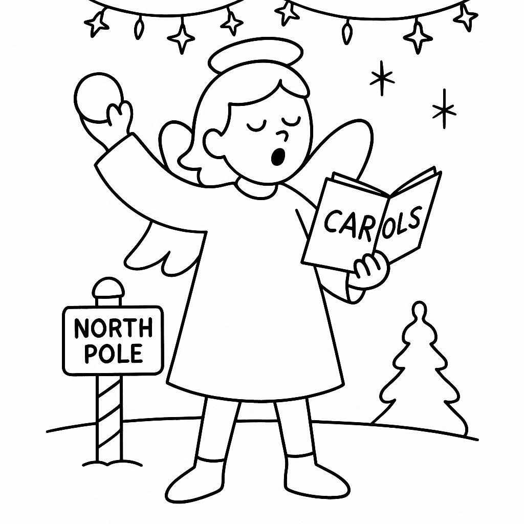 Coloring page of a angel, snowball thrower singing carols