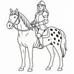 Page à colorier d&rsquo;une jeune femme Appaloosa à cheval, chevalière médiévale posant fièrement avec son cheval