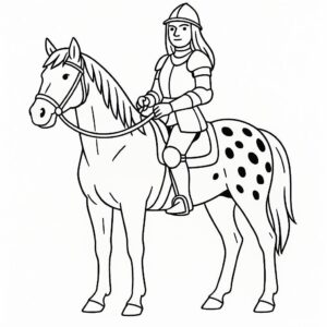 Coloring page of a Appaloosa young woman on horseback, medieval knightess posing proudly with her horse