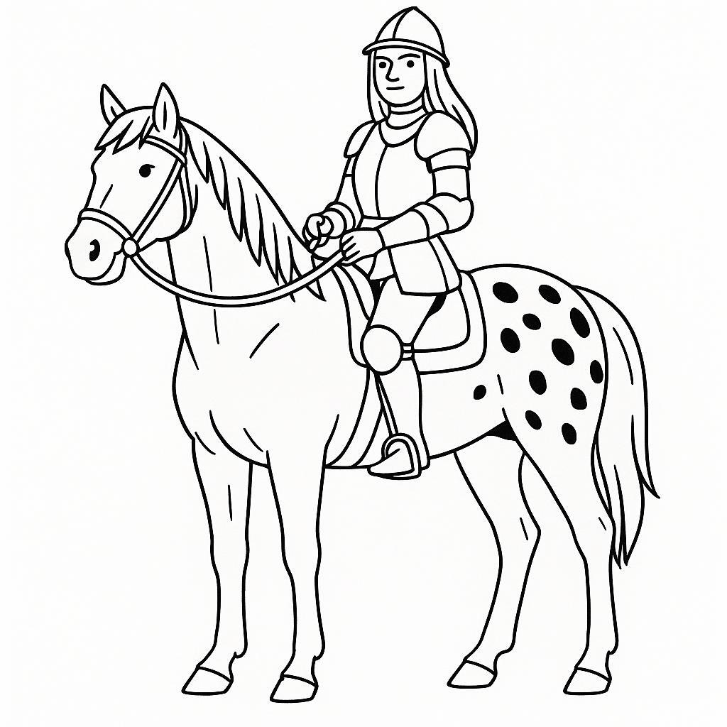Coloring page of a Appaloosa young woman on horseback, medieval knightess posing proudly with her horse