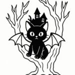 Page à colorier d&rsquo;un chat noir, habitant d&rsquo;une maison hantée caché dans un arbre effrayant