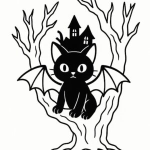 Coloring page of a black cat, haunted house dweller hiding in a spooky tree