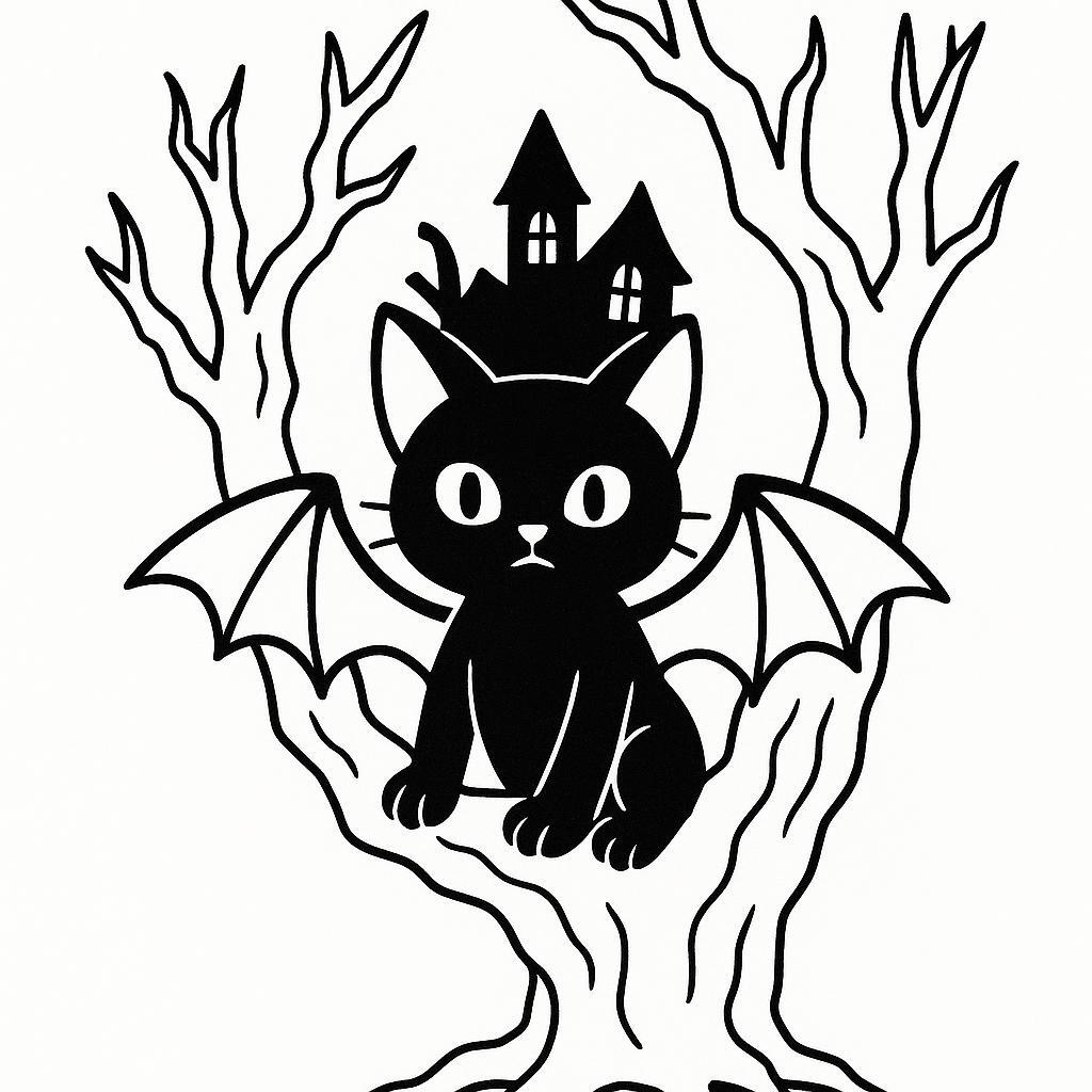 Coloring page of a black cat, haunted house dweller hiding in a spooky tree