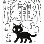 Page à colorier d&rsquo;un chat noir, habitant de maison hantée se promenant dans un cimetière