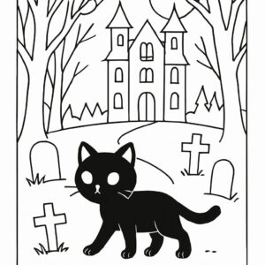 Coloring page of a black cat, haunted house dweller walking through a graveyard
