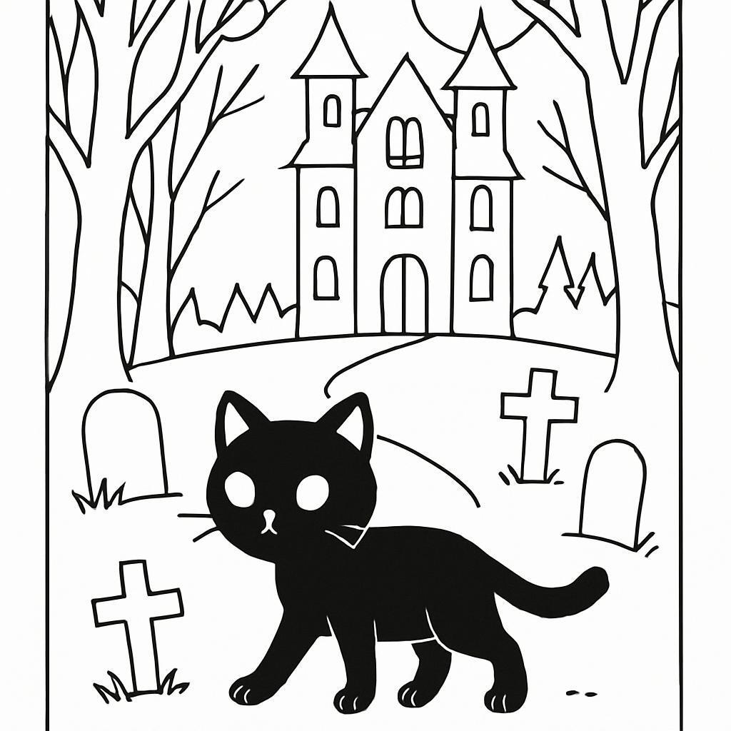 Coloring page of a black cat, haunted house dweller walking through a graveyard