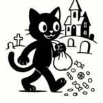 Page à colorier d&rsquo;un chat noir, habitant d&rsquo;une maison hantée se promenant dans un cimetière