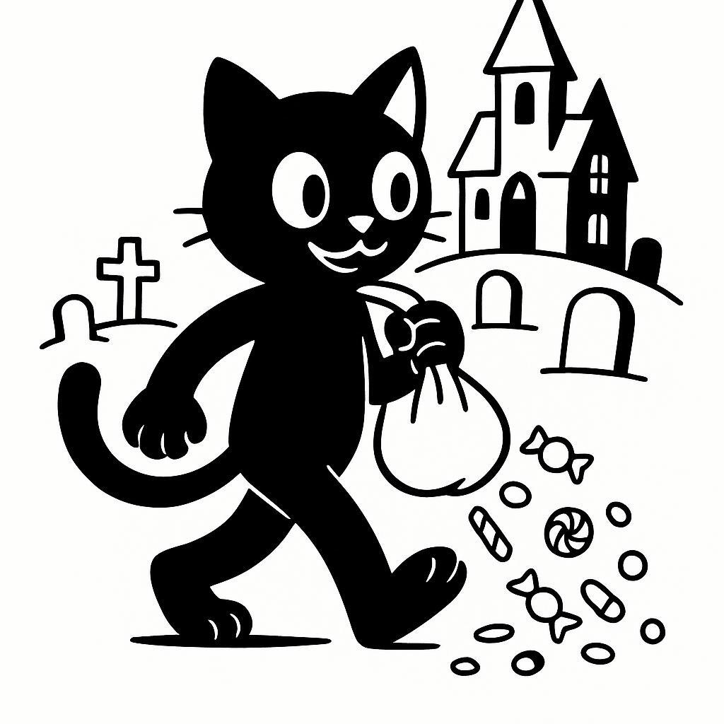 Coloring page of a black cat, haunted house dweller walking through a graveyard