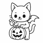 Page à colorier d&rsquo;un chat noir, sculpteur de citrouille sculptant une citrouille d&rsquo;Halloween