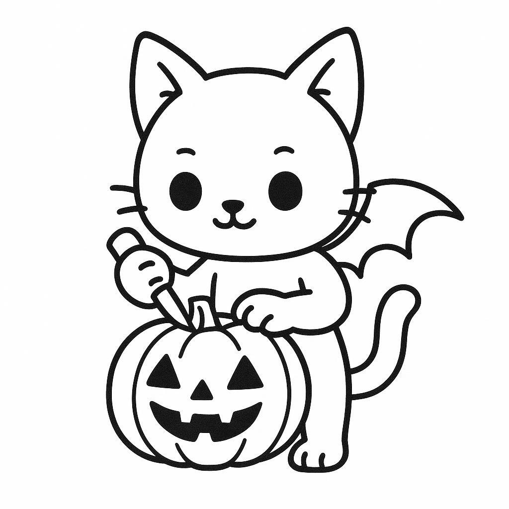 Coloring page of a black cat, pumpkin carver carving a jack-o-lantern