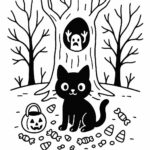 Page de coloriage d’un chat noir, monstre effrayant caché dans un arbre effrayant