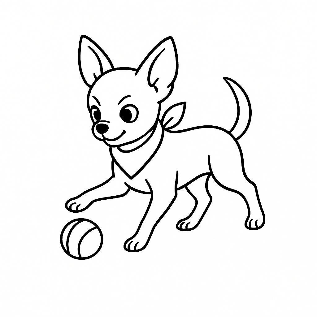 Coloring page of a Chihuahua dog, brave protector playing with a ball