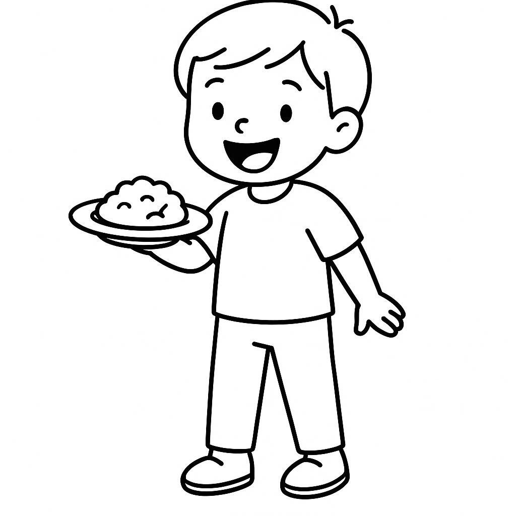 Coloring page of a child, family member serving food