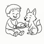 Page de coloriage d&rsquo;un enfant, animal de la forêt partageant un repas