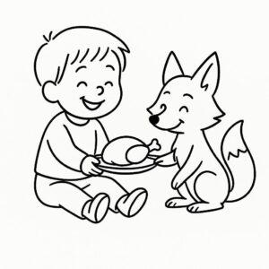 Coloring page of a child, forest animal sharing a meal