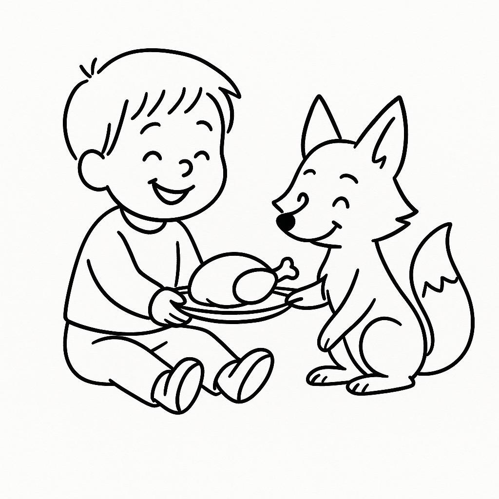 Coloring page of a child, forest animal sharing a meal