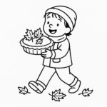 Page à colorier d&rsquo;un enfant, aide à la récolte portant une tarte à la citrouille