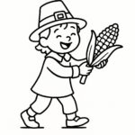 Page de coloriage d&rsquo;un enfant, aide à la récolte, récoltant du maïs