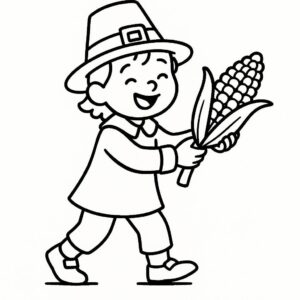 Coloring page of a child, harvest helper harvesting corn