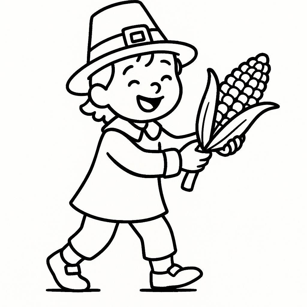 Coloring page of a child, harvest helper harvesting corn
