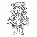 Page de coloriage d&rsquo;un enfant, aide à la récolte préparant un festin
