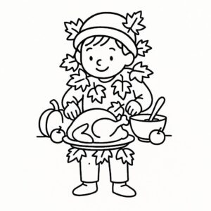 Coloring page of a child, harvest helper preparing a feast