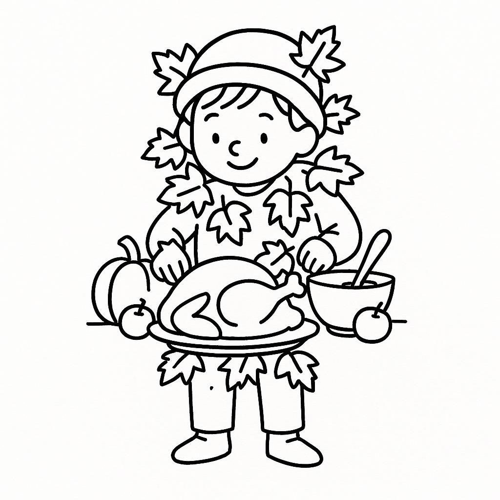 Coloring page of a child, harvest helper preparing a feast