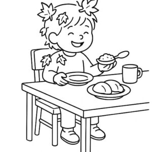 Coloring page of a child, harvest helper sharing a meal