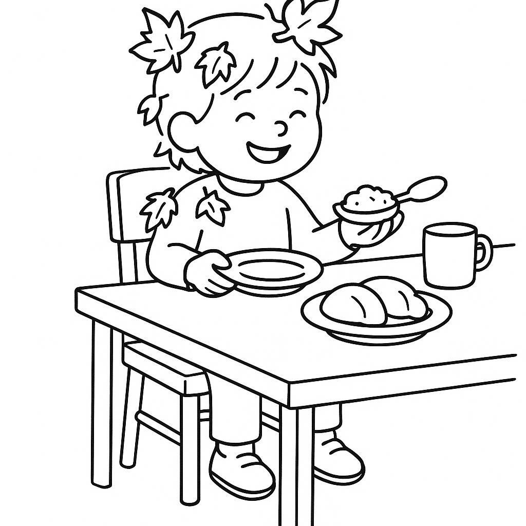 Coloring page of a child, harvest helper sharing a meal
