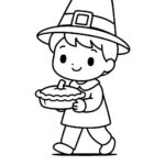Page à colorier d&rsquo;un enfant, invité à un dîner de Thanksgiving portant une tarte à la citrouille