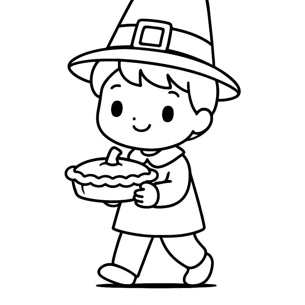 Coloring page of a child, thanksgiving dinner guest carrying a pumpkin pie