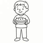 Page à colorier d&rsquo;un enfant, invité au dîner de Thanksgiving partageant un repas