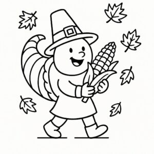 Coloring page of a cornucopia character, family member harvesting corn