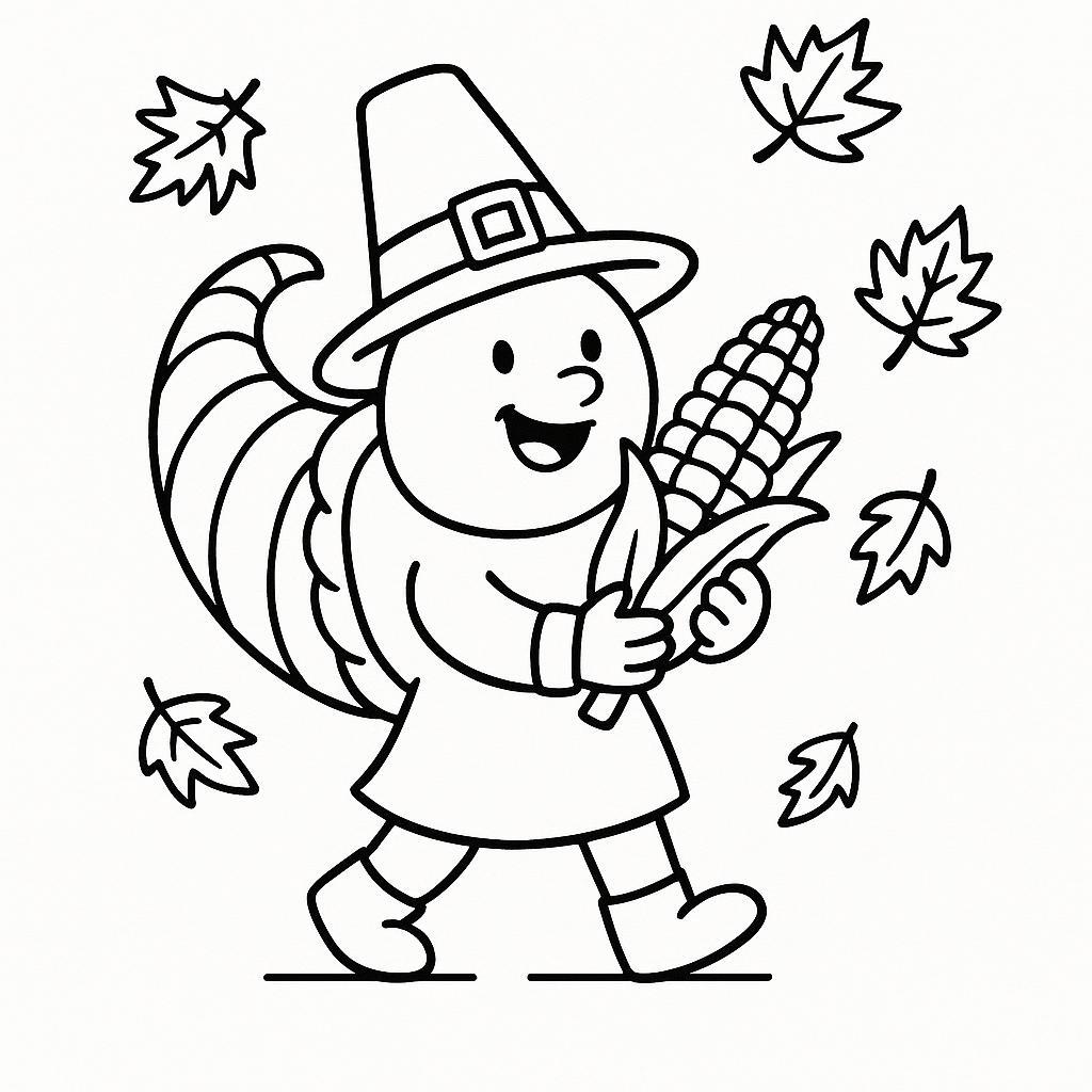 Coloring page of a cornucopia character, family member harvesting corn
