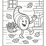 Page à colorier d&rsquo;un personnage corne d&rsquo;abondance, assistant de récolte dansant dans les feuilles d&rsquo;automne