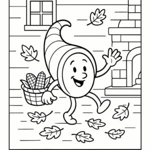 Coloring page of a cornucopia character, harvest helper dancing in autumn leaves