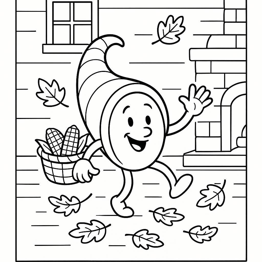 Page à colorier d'un personnage corne d'abondance, assistant de récolte dansant dans les feuilles d'automne