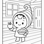Page de coloriage d&rsquo;un personnage en forme de corne d&rsquo;abondance, aide à la récolte ramassant des pommes