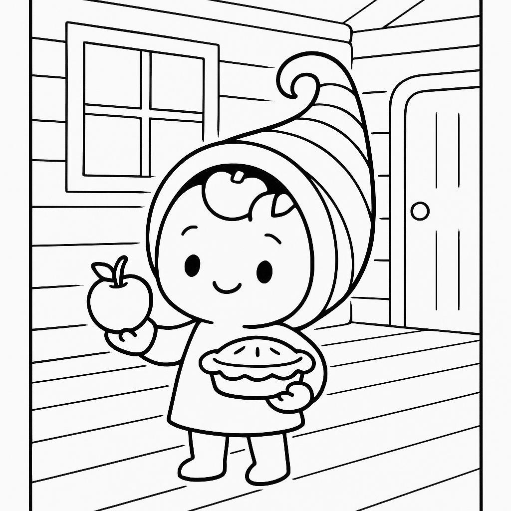 Coloring page of a cornucopia character, harvest helper gathering apples