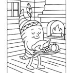 Page à colorier d&rsquo;un personnage de corne d&rsquo;abondance, assistant de la récolte préparant un festin